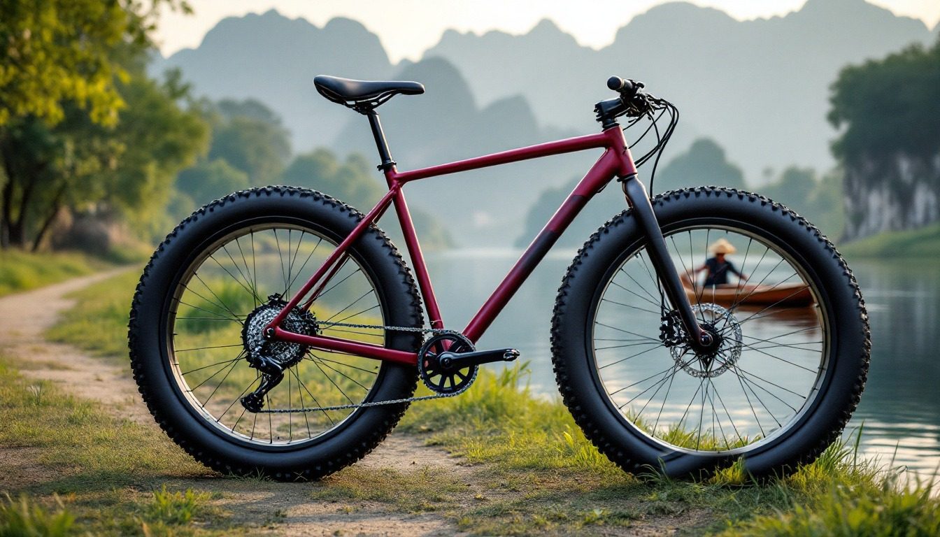 Minh họa: fat bike đỏ trên bờ sông, người chèo thuyền đội nón lá phía xa