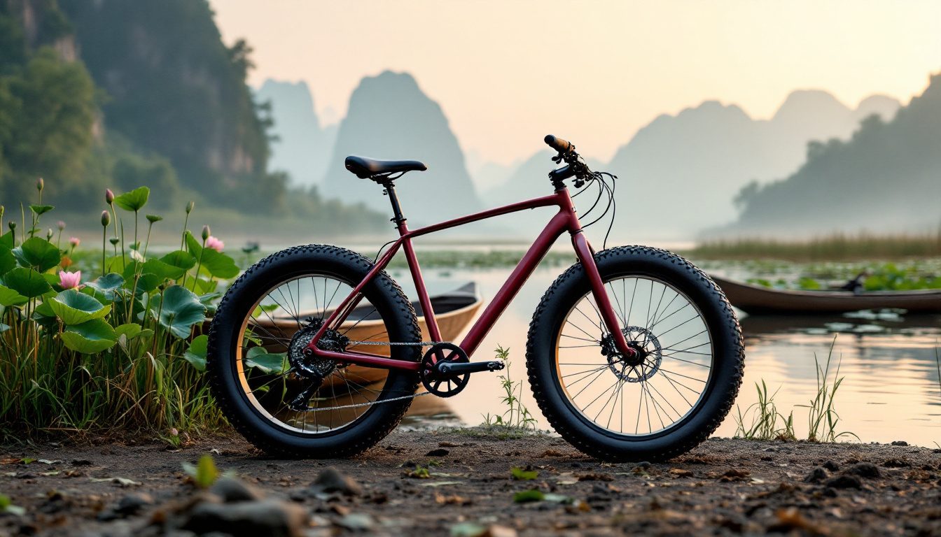 Minh họa: fat bike đỏ bên đầm sen, thuyền gỗ và núi đá vôi trong sương